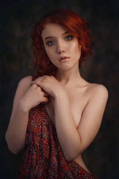 Dramatic Retro Portrait Young Beautiful Dreamy Redhead Woman Soft Vintage — Stock Photo, Image