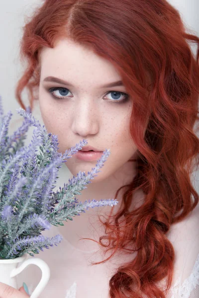 Tender Retro Portrait Young Beautiful Dreamy Redhead Woman Beautiful White — Stock Photo, Image