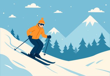 Kayakçılarla güzel Karlı Dağ Tatil Köyü. Kar ve ağaçlar