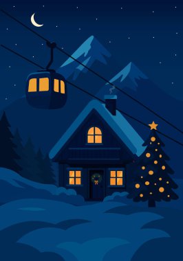 Gecenin içinde kar ve kayak asansörleri olan bir ev..