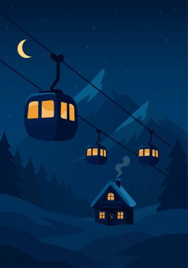 Kış gecesi, kış manzarası, karlı ve kayaklı dağlar.