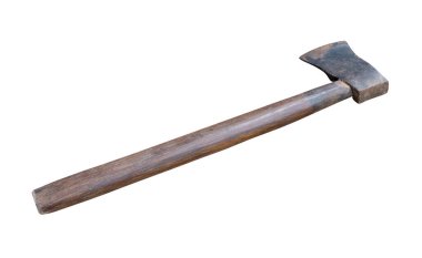 Old rust dirty dark gray axe with brown wooden handle is isolated on white background with clipping path