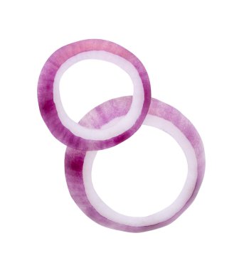 Taze kırmızı ya da mor İspanyol soğan halkalarının ya da yığın halinde dilimlerin üst görünümü kırpma yolu ile beyaz arkaplanda izole edilmiştir..