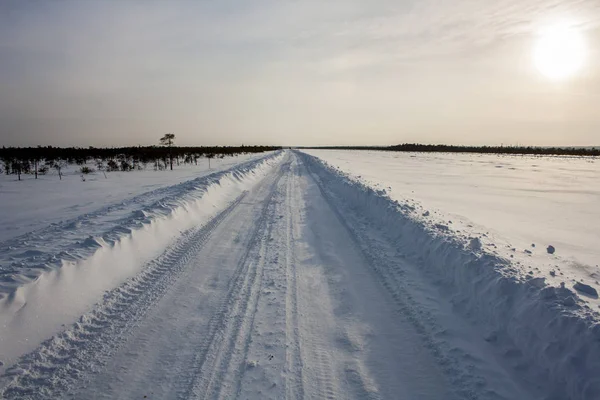 Winterstraße auf dem Feld in den Horizont. Sibirien. Landschaft. — Stockfoto