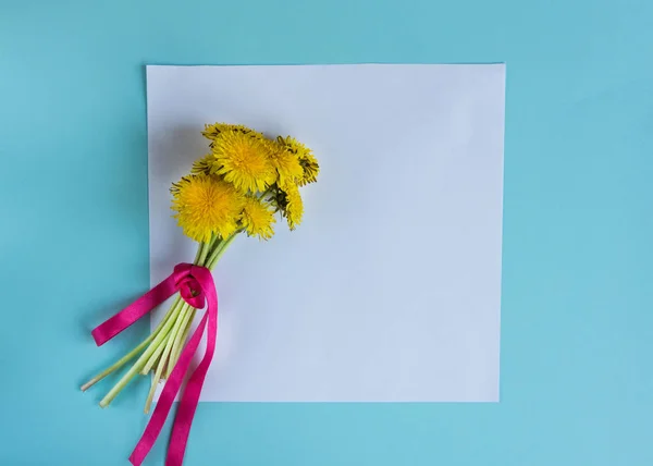 White blank on the pastel color background with bouquet yellow flowers dandelions. — Stock Photo, Image
