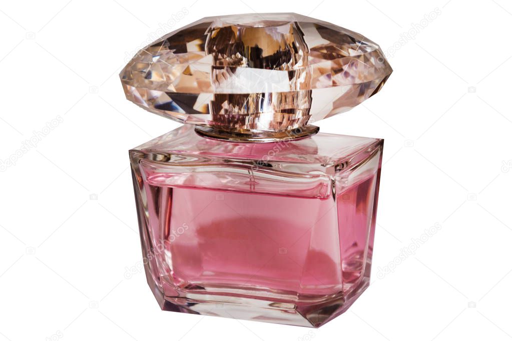 Pink female perfume bottle  isolated on the black background	