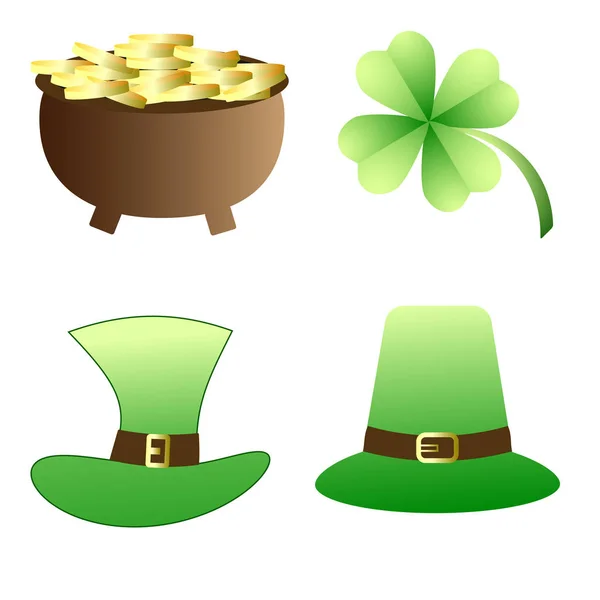 Shamrock ,hat of Leprechaun and a bowler with golden coins. — Stock Vector
