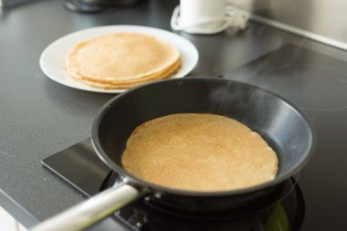 Geleneksel Rus krepleri. Tavada krep pişirme.