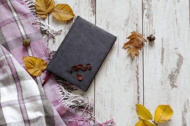 Ahşap arka plan üst görünümünde kitap ve sonbahar yaprakları.