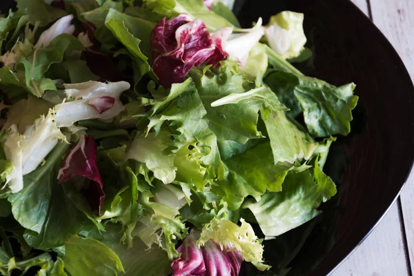 Verse groene salade met spinazie, arugula, romaine en sla. — Stockfoto