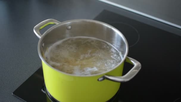 Pasta Espaguetis Hirviendo Para Delicioso Plato Italiano Cocinar Estufa Inducción — Vídeo de stock