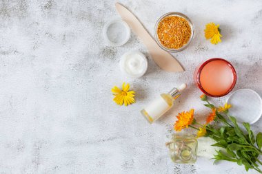 Takvim çiçekli bitkisel kozmetik. Doğal organik nemlendirici. Gri arka planda ürün temizleyici..