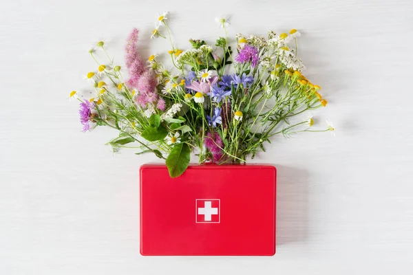Fresh medical herbs in red first aid kit top view on gray background. Alternative medicine concept. Holistic therapy.
