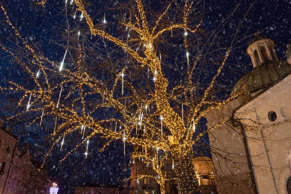 Luces Navidad Tronco Árbol Una Calle Ciudad Iluminación Navidad Árbol — Foto de Stock