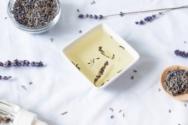 Beyaz arka planda lavanta çiçekleri olan aromatik ve masaj yağı. Doğal lavanta kozmetiği.