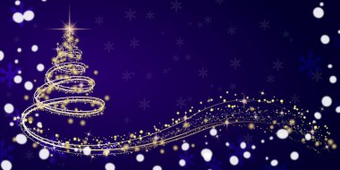 Koyu mavi arka planda, Noel ağacı şeklinde altın ışıklar. Noel tebrik kartı. Boşluğu kopyala.