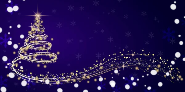 Koyu mavi arka planda, Noel ağacı şeklinde altın ışıklar. Noel tebrik kartı. Boşluğu kopyala.