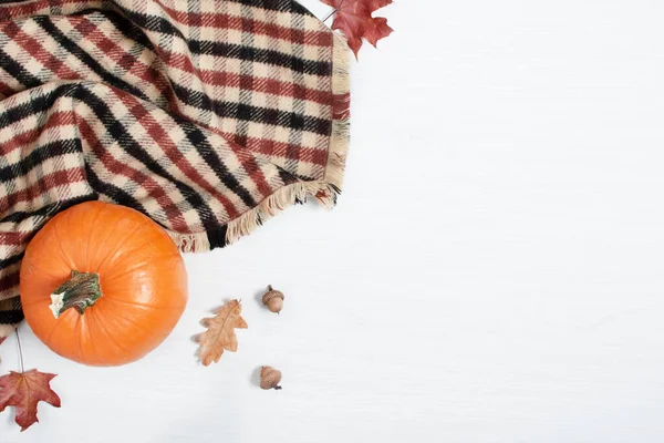 Pumpkin Plaid Dried Leaves White Wooden Background Top View Autumn — Stock Photo, Image