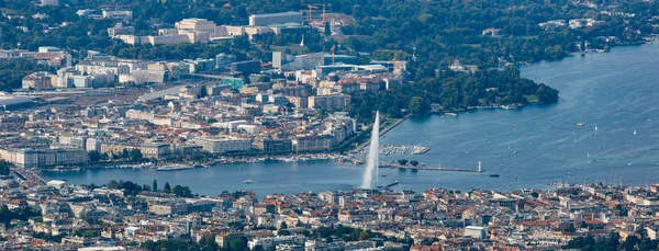 Aerial Panoramic View Geneva City Center Water Fountain Lake — Stock Photo, Image