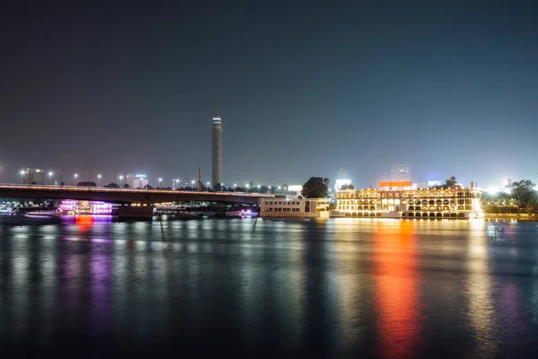 Centro Ciudad Cairo Río Nilo Por Noche Larga Exposición Con —  Fotos de Stock