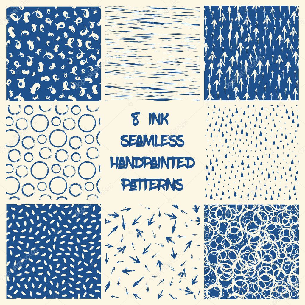 Set of 8 seamless patterns hand painted with ink