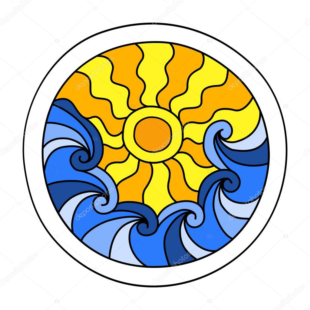 Round coloring page filled with hand drawn doodle motifs in a circle, isolated on white background. Vector illustration