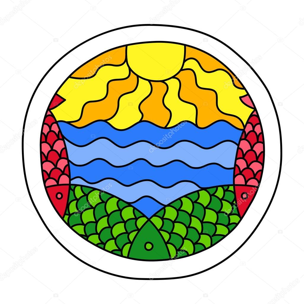 Round coloring page filled with hand drawn doodle motifs in a circle, isolated on white background. Vector illustration