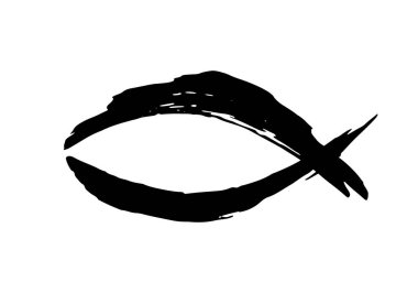 Mürekkep fırçasıyla boyanmış balık sembolü, beyaz arka planda izole edilmiş Hristiyan dini amblemi. Vektör illüstrasyonu.