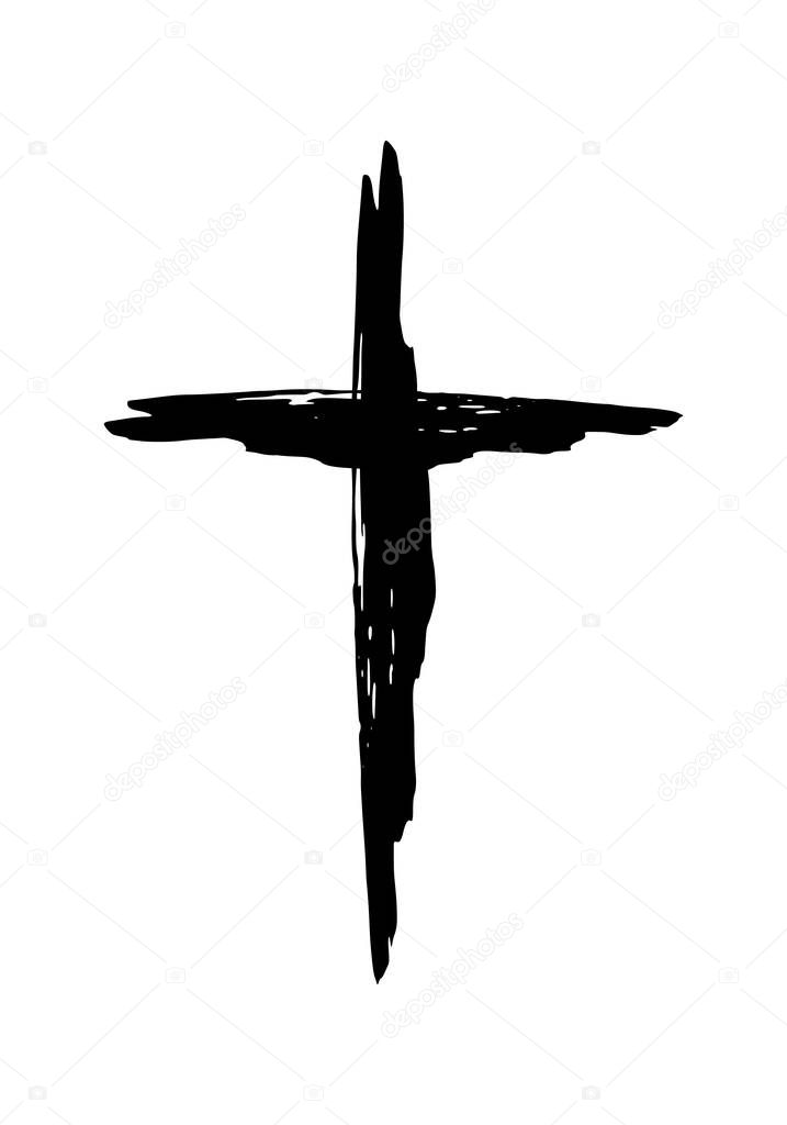 Hand drawn christian cross symbol hand painted with black ink