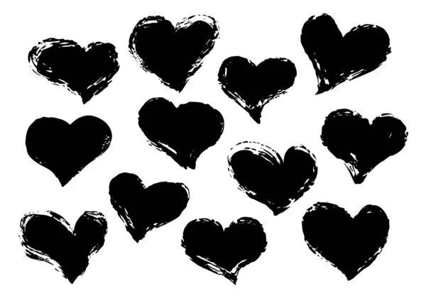 Grunge hjärtan set handmålade med borste — Stock vektor