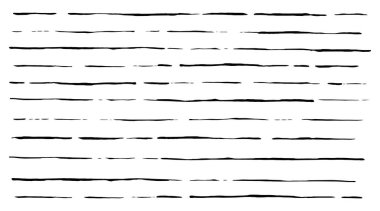 Beyaz arka planda izole edilmiş, siyah mürekkep fırçası darbesiyle boyanmış çizgili el çizgileri. Vektör illüstrasyonu