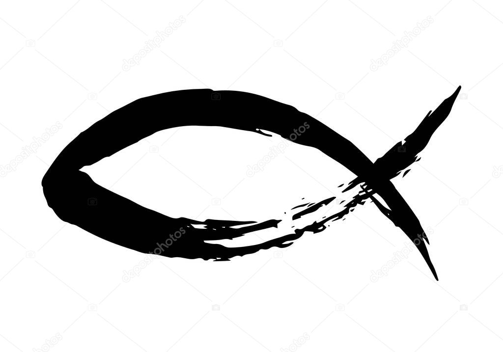 Fish symbol hand painted with ink brush, christian religious faith emblem isolated on white background. Vector illustration.