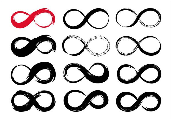 Infinity symbols set hand painted with grunge brush stroke and black paint. Vector illustration.