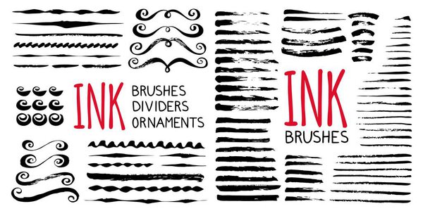 Чернильные кисти, делители, круги и орнаменты. Ручная роспись кистью чернил в грандиозном стиле. Векторная иллюстрация