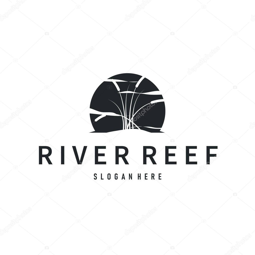 Cattails logo river grass plant with river concept and simple silhouette plant design symbol illustration tremlet icon poster or product