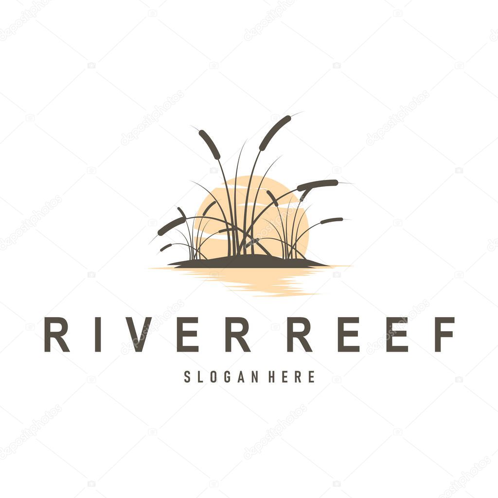 Cattails logo river grass plant with river concept and simple silhouette plant design symbol illustration tremlet icon poster or product