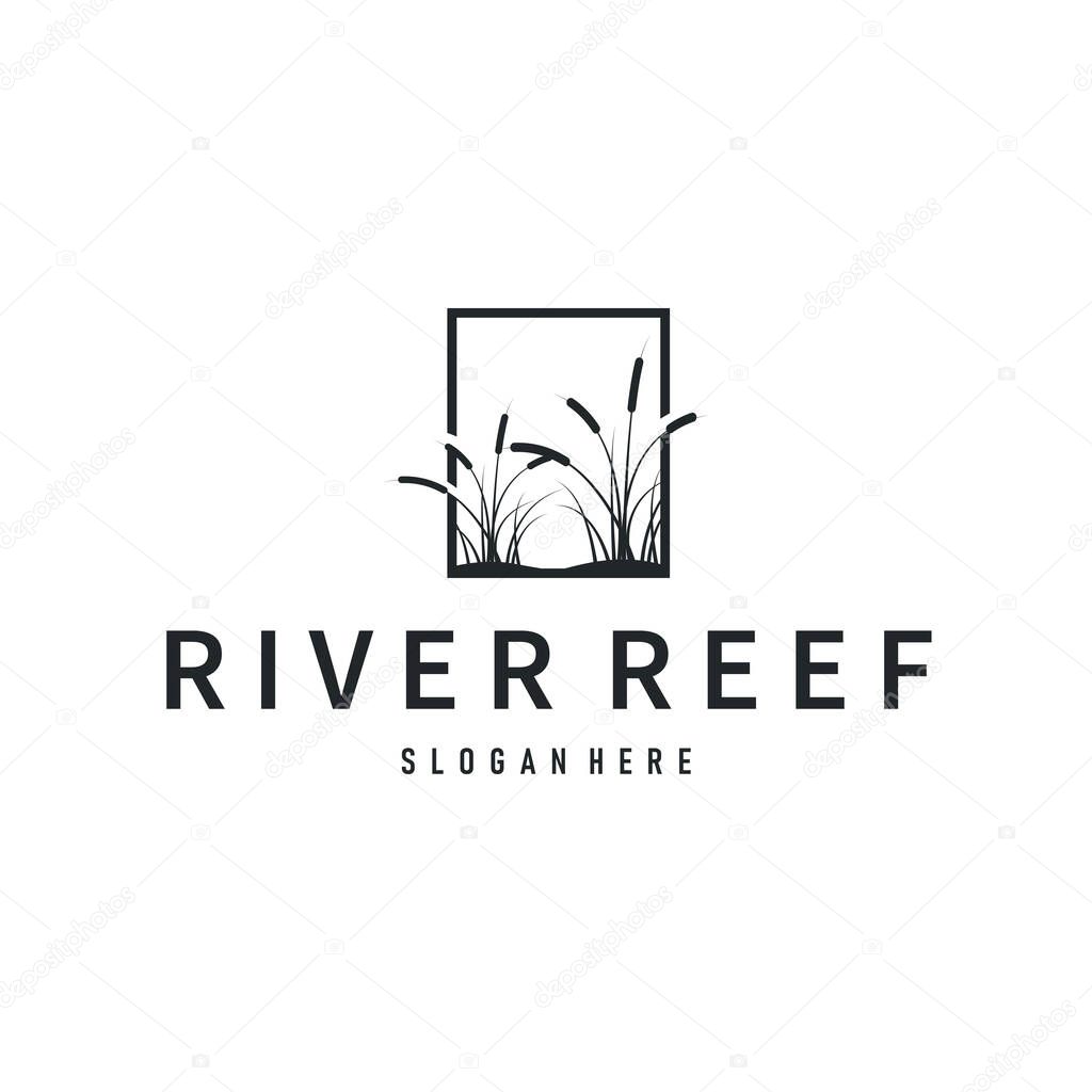 Cattails logo river grass plant with river concept and simple silhouette plant design symbol illustration tremlet icon poster or product