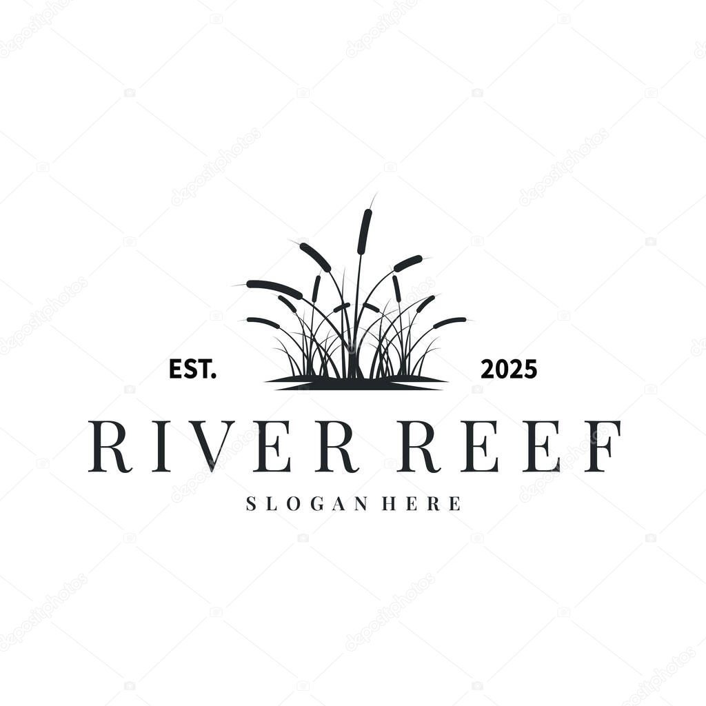 Cattails logo river grass plant with river concept and simple silhouette plant design symbol illustration tremlet icon poster or product