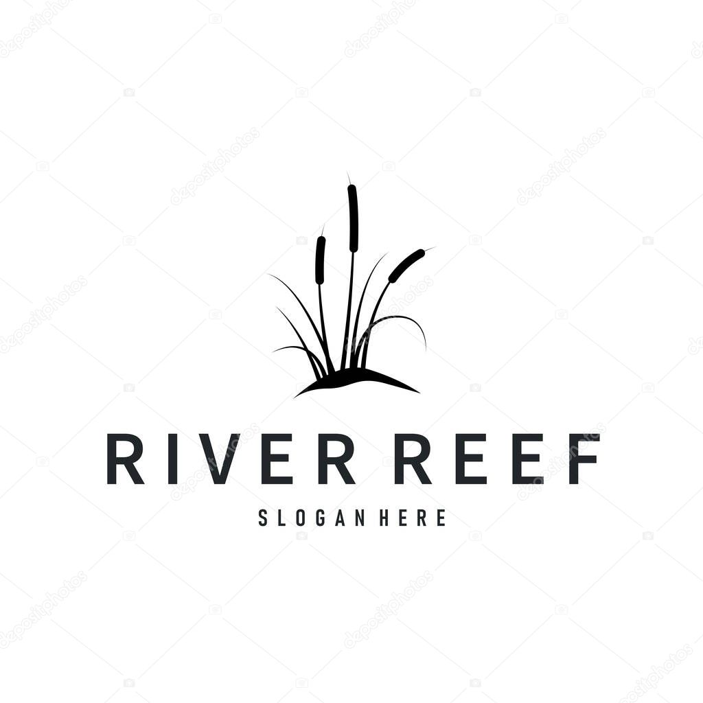 Cattails logo river grass plant with river concept and simple silhouette plant design symbol illustration tremlet icon poster or product