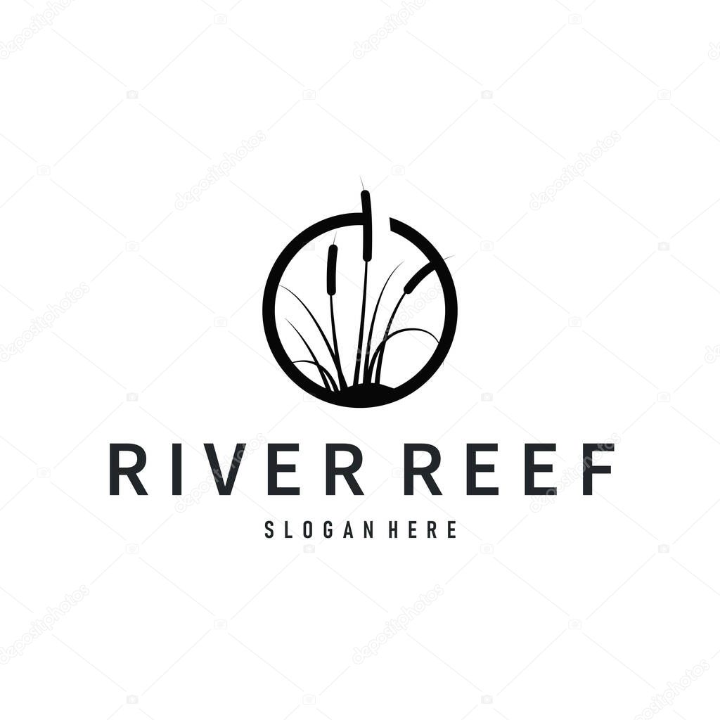 Cattails logo river grass plant with river concept and simple silhouette plant design symbol illustration tremlet icon poster or product