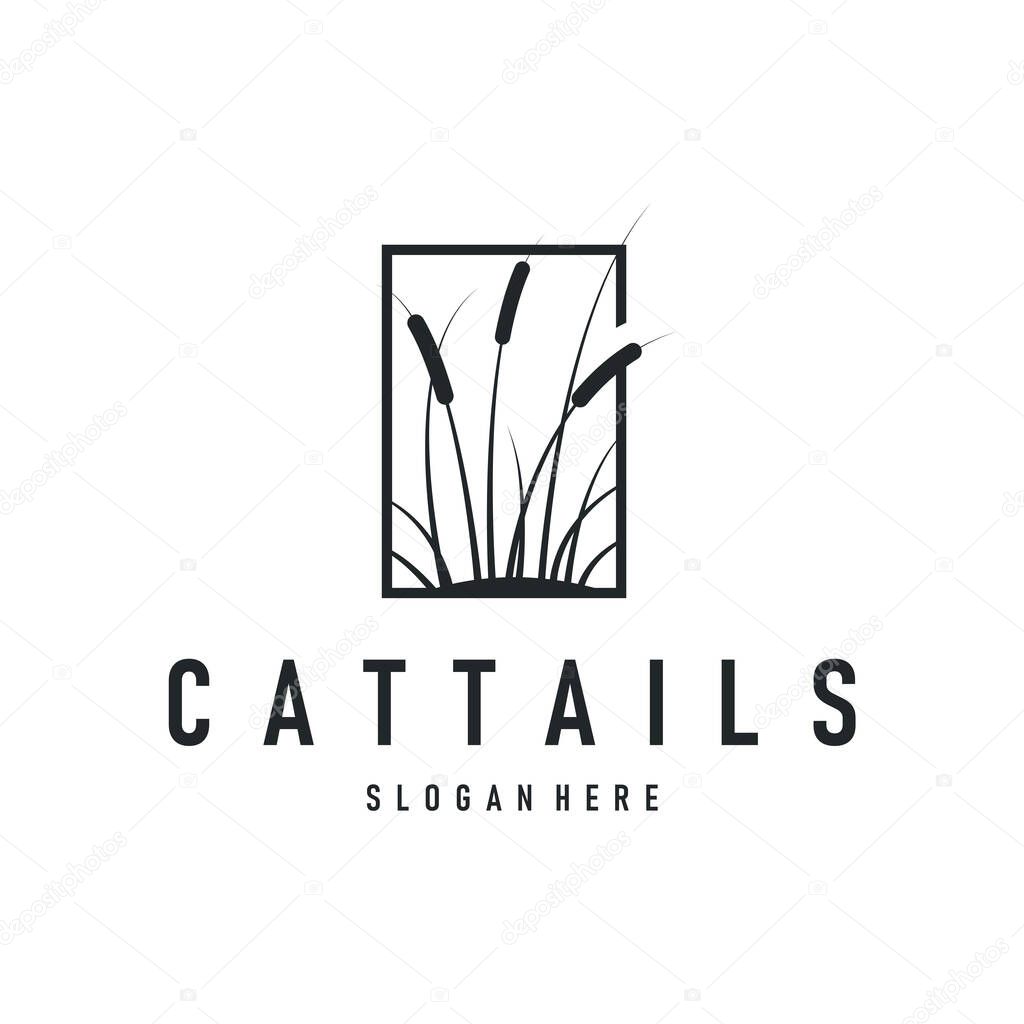 Cattails logo river grass plant with river concept and simple silhouette plant design symbol illustration tremlet icon poster or product