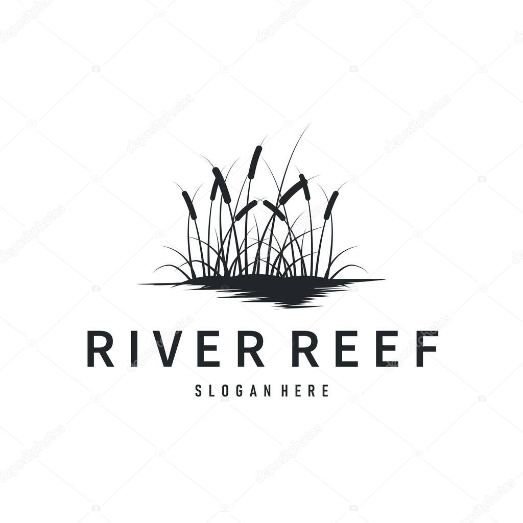 Cattails logo river grass plant with river concept and simple silhouette plant design symbol illustration tremlet icon poster or product