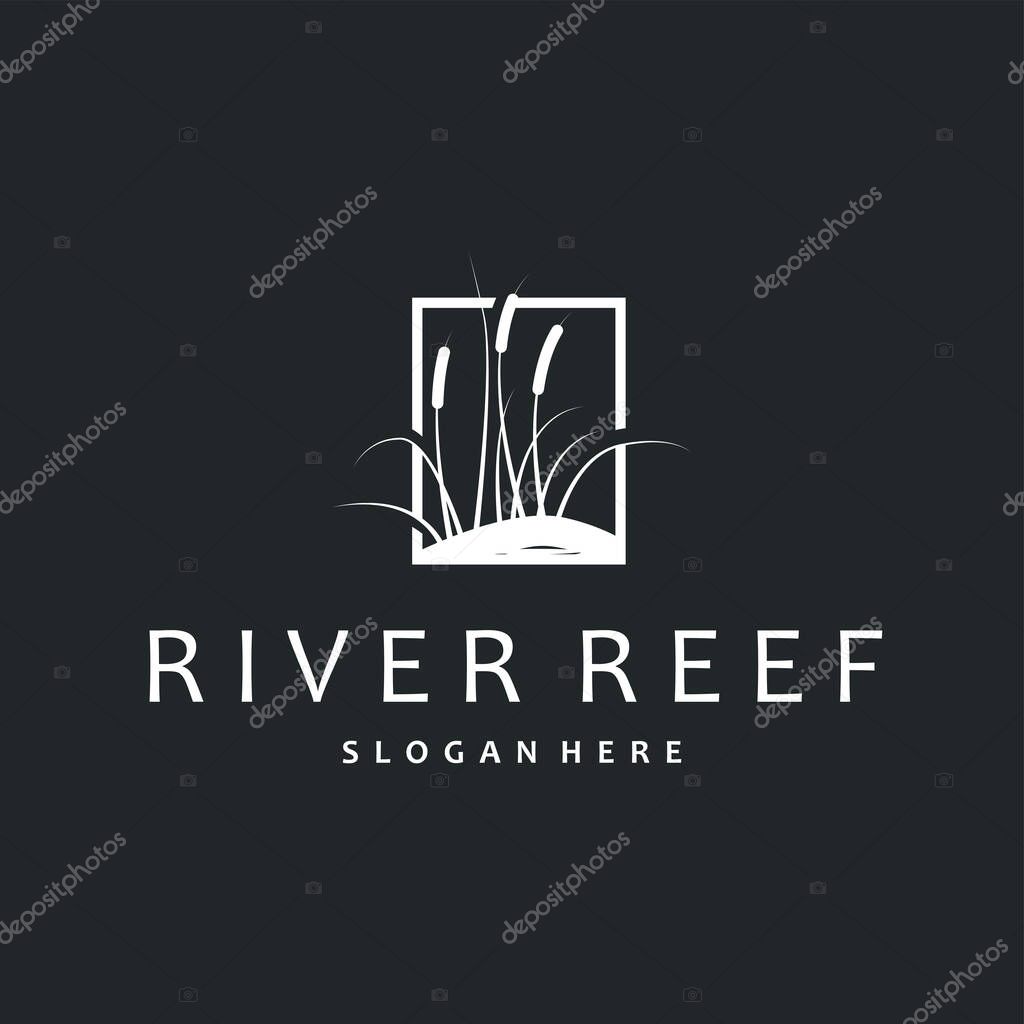 Cattails logo river grass plant with river concept and simple silhouette plant design symbol illustration tremlet icon poster or product