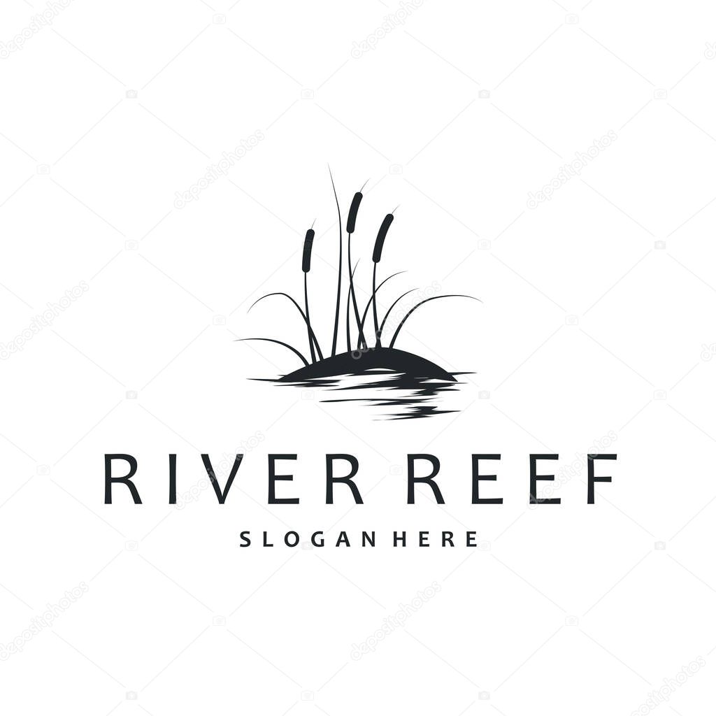 Cattails logo river grass plant with river concept and simple silhouette plant design symbol illustration tremlet icon poster or product