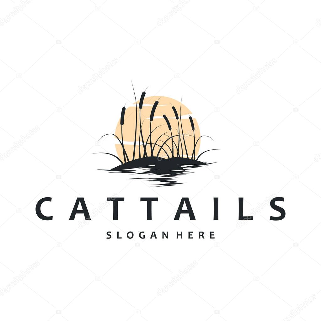 Cattails logo river grass plant with river concept and simple silhouette plant design symbol illustration tremlet icon poster or product