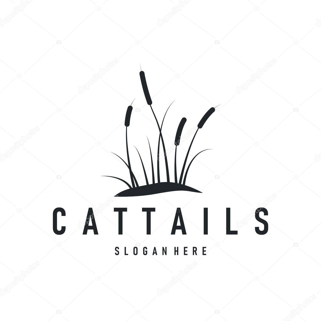 Cattails logo river grass plant with river concept and simple silhouette plant design symbol illustration tremlet icon poster or product