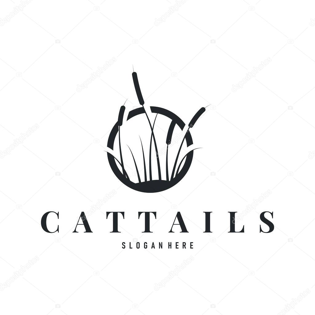 Cattails logo river grass plant with river concept and simple silhouette plant design symbol illustration tremlet icon poster or product
