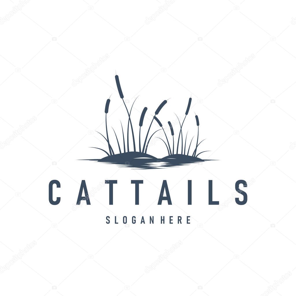 Cattails logo river grass plant with river concept and simple silhouette plant design symbol illustration tremlet icon poster or product
