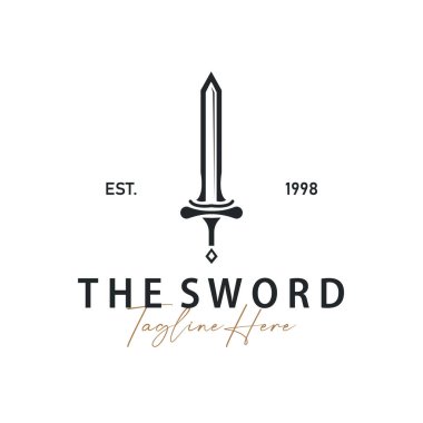 Kılıç logosu tasarımı. Basit siyah siluet şövalye silahı kavramı. Baştan çıkarma sembolü simgesi.