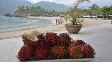 Plaj arka planda litchi meyve ile Tepsi